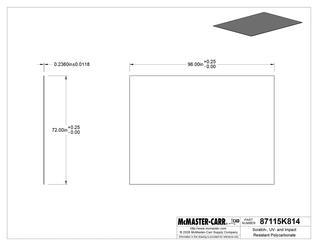 Technical Drawing of Scratch-, UV- and Impact Resistant Polycarbonate, 72" x 96" x 1/4", Clear.